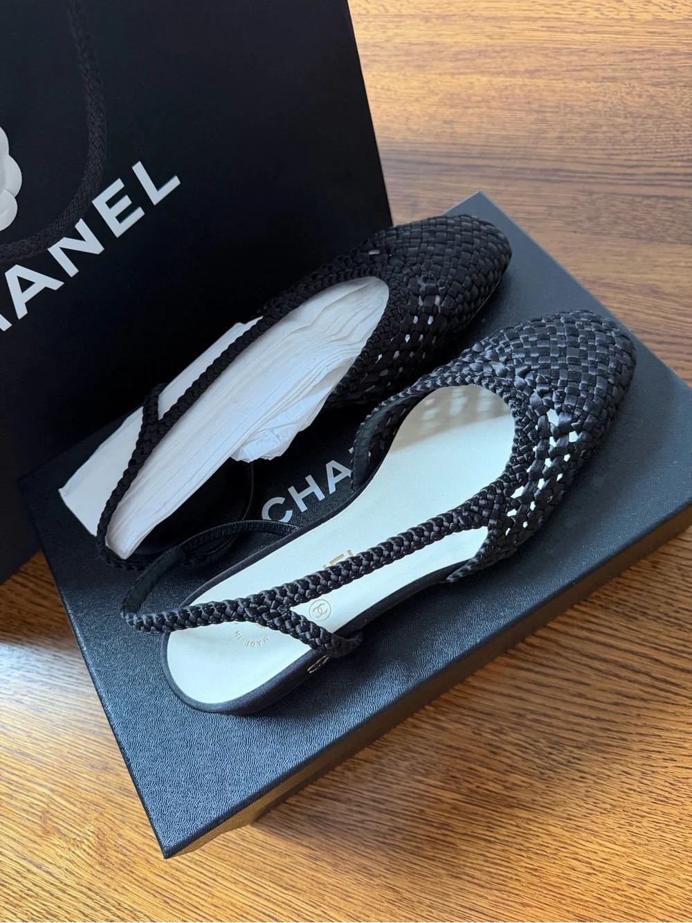 CHANEL Black Woven Slingback Flats 37